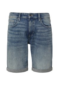 Shorts en denim bleu délavé avec une coupe droite, présentant des ourlets roulés, un design à cinq poches et une fermeture à bouton.