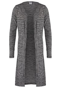 Long cardigan ouvert devant en tissu maille chiné gris, avec manches longues et motif légèrement texturé.