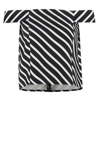 Svart och vit off-the-shoulder topp med diagonala ränder, lös passform och rak nederkant. Lättviktsmaterial med minimal stretch.