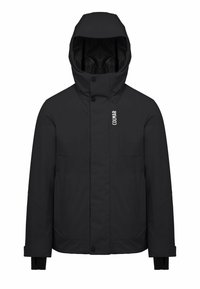 Svart vattentät jacka med hög krage, justerbar huva, två framfickor och glatt textur; har subtil logotypdetaljering.