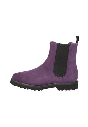 Purple suede ankle boot with black elastic side panel, round toe, rugged sole, and pull tab at the back for easy wearing.