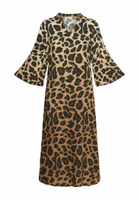 Šaty s leopardím vzorom v odtieňoch béžovej a čiernej, s výstrihom do V a zvonovými rukávmi. Vyrobené z ľahkého materiálu.