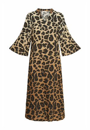 Leopard print dress in shades of tan and black, featuring a v-neckline and bell sleeves. Made from a lightweight fabric.