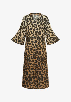 Robe à imprimé léopard dans des tonalités de beige et noir, avec un décolleté en v et des manches évasées. Fabriquée en tissu léger.