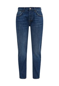 Jeans de mezclilla azul oscuro con un diseño clásico de cinco bolsillos, con un ligero desgaste, corte recto y cierre de cremallera estándar.
