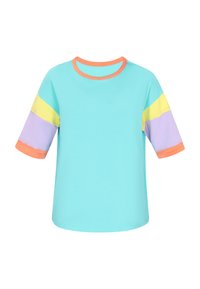 T-shirt a manica corta di colore turchese con pannelli a contrasto: giallo, lavanda e corallo. Collo rotondo; tessuto morbido e leggero.