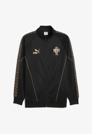 Schwarze Trainingsjacke aus glattem Stoff, mit goldenen Akzenten, dem Wappen von Portugal und dem Puma-Logo; verfügt über einen Reißverschluss und Seitentaschen.