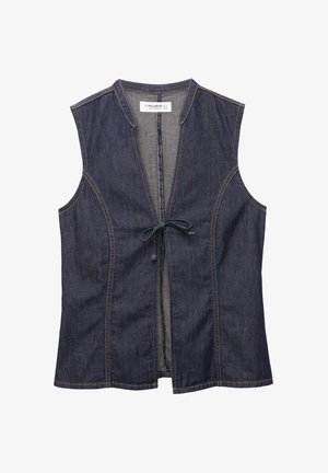 Gilet in denim con scollo a V, design senza maniche e chiusura anteriore con nodo. Presenta cuciture a contrasto e un tessuto morbido e testurizzato.