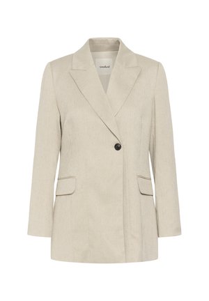 Veste beige à un bouton avec revers crantés, manches longues, deux poches avant à rabat, et ourlet droit.