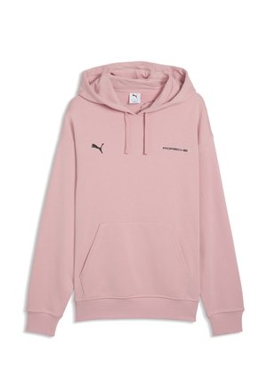 Felpa con cappuccio rosa chiaro con tasca a canguro frontale, cappuccio con coulisse, logo Puma nero sul petto sinistro e scritta Porsche nera sul petto destro.