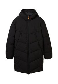 Manteau rembourré noir avec capuche, doté d'une fermeture éclair, de poches latérales et d'un motif matelassé en losange. Fabriqué à partir d'un matériau léger et résistant aux intempéries.