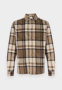 Καφέ και μπεζ πουκάμισο από κορδόνι με καρό μοτίβο, διαθέτει μπροστινό άνοιγμα με κουμπιά και γιακά, μακριά μανίκια και μεταλλικά κουμπιά.