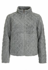 Grijze fleece jas met een hoge kraag, voorzien van een ruitpatroon, een ritssluiting aan de voorkant en een gestructureerde stof voor warmte en comfort.
