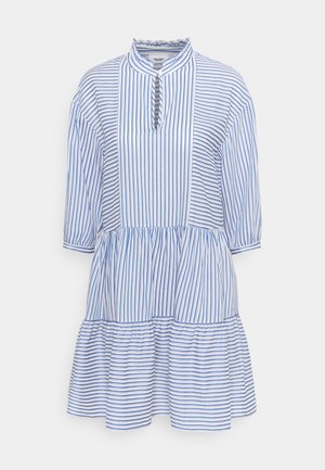 Blau-weiß gestreiftes knielanges Kleid mit Rüschenkragen, Schlüsselloch-Ausschnitt, Dreiviertelärmeln und gestuftem Rock.