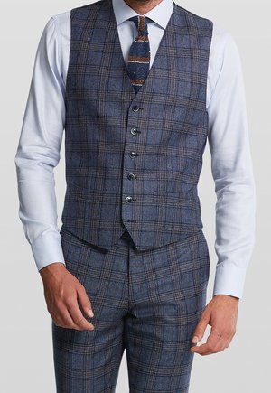 Uomo che indossa un gilet a quadri blu e marrone e pantaloni coordinati, con camicia azzurra e cravatta lavorata a maglia blu a righe.