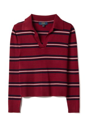 Suéter rojo de punto de manga larga con rayas horizontales en azul marino y blanco, cuello abierto y puños y dobladillo acanalados.