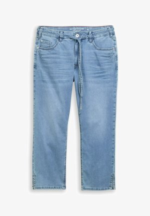Jeans azzurri aderenti con tasche frontali e posteriori, passanti per cintura, chiusura con bottoni, cintura in vita e piccoli spacchi agli orli.