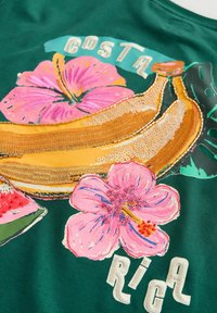 Tissu vert avec des bananes jaunes brodées, des fleurs d'hibiscus roses, une tranche de pastèque et un texte blanc indiquant « Costa Rica ».