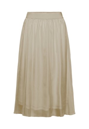 Béžová sukně ke kolenům vyrobená z lehké, splývavé látky s nařaseným pasem a hladkým povrchem, která má minimalistický design.