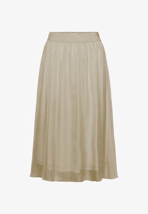 Beige, térdhosszú szoknya könnyed, folyékony anyagból, ráncolt derékrésszel és sima textúrával, minimális dizájnnal.