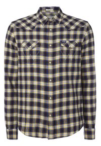 Geruite blouse in geel, navy en wit. Katoenen stof met twee borstzakken en drukknoopsluitingen. Normale pasvorm, lange mouwen.