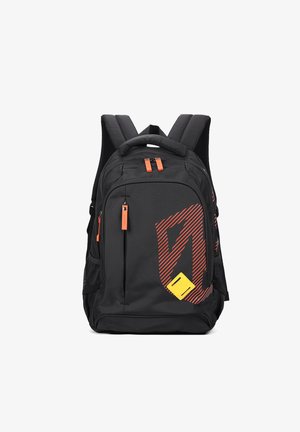 Black backpack with padded shoulder straps, orange zipper pulls, diagonal red striped graphic, and small yellow patch on front pocket.