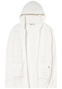 Biała dziergana kardigan z kapturem, z teksturowanym wzorem, otwarty z przodu i z dwiema przednimi kieszeniami. Małe logo na lewej kieszeni.