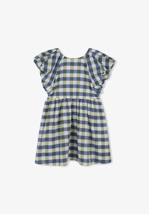 Gingham jurk in groen, blauw en wit, met fladdermouwen, een ronde hals en een geplooide taille van de rok. Katoenen materiaal, lichtgewicht structuur.