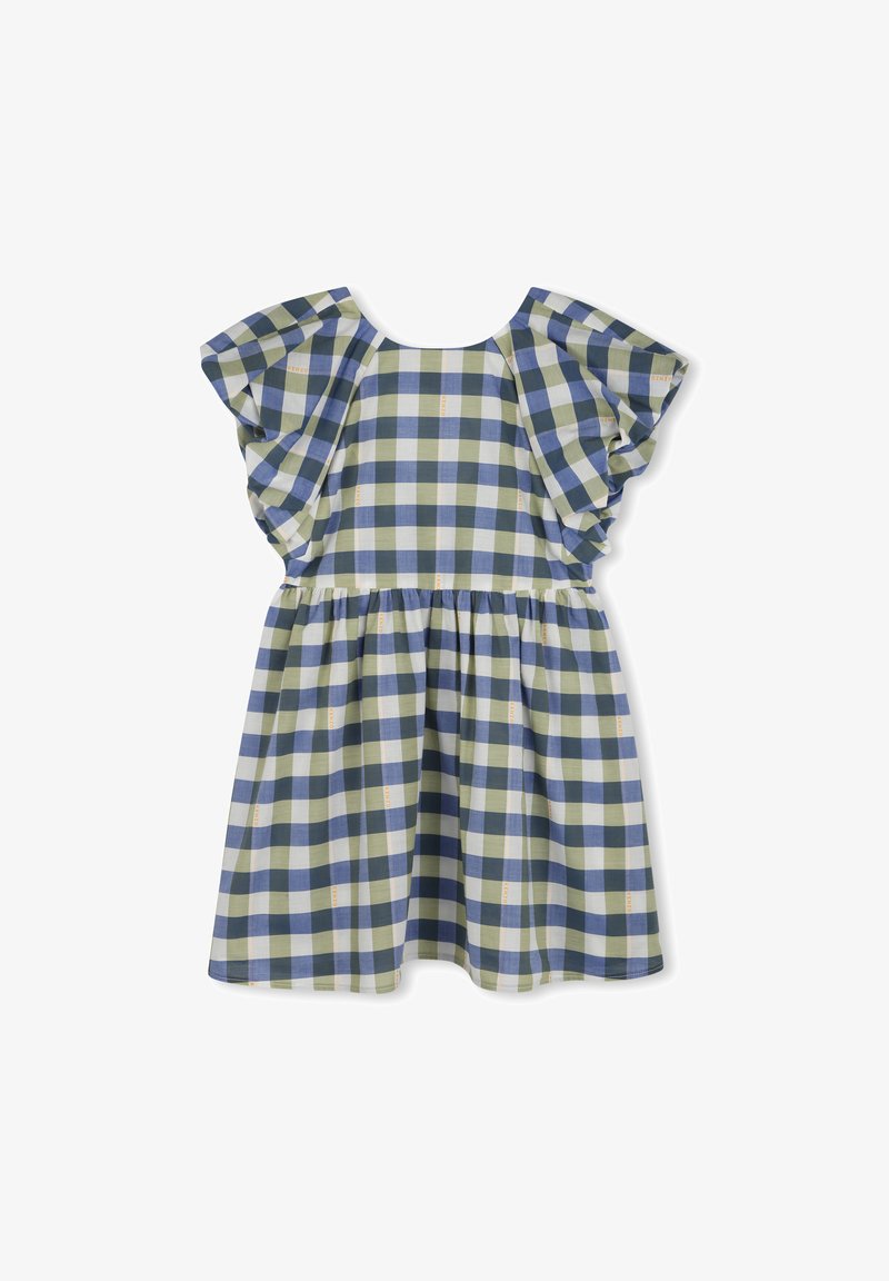 Gingham jurk in groen, blauw en wit, met fladdermouwen, een ronde hals en een geplooide taille van de rok. Katoenen materiaal, lichtgewicht structuur.