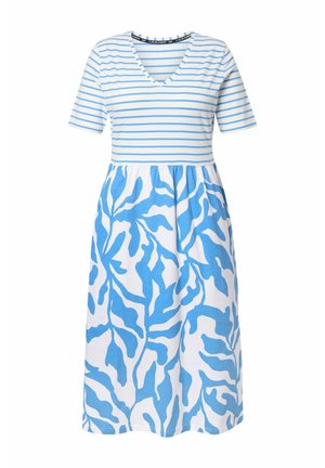Stribet blå og hvid kortærmet kjole med V-hals. Skørtet har et dristigt blåt botanisk mønster på en hvid baggrund. Blandingsstof af bomuld.