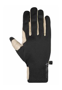 Schwarze und beige Handschuhe mit texturiertem Handflächen, elastischem Stoffrücken, verstellbarem Handgelenkriemen und verstärkten Fingerspitzen für Langlebigkeit.
