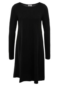 Schwarzes Langarmkleid aus weichem Stoff, mit rundem Ausschnitt und einer lockeren Silhouette, die sich nach unten hin ausweitet. Keine sichtbaren Muster oder Akzente.
