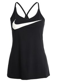 Sort sports tanktop lavet af glat stof, med et hvidt Nike-logo, tynde justerbare stropper og racerback-design.