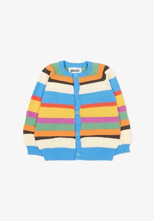 Cardigan per bambini con bottoni, polsini e orlo a costine, caratterizzato da strisce orizzontali in blu, arancione, giallo, verde, viola e crema.