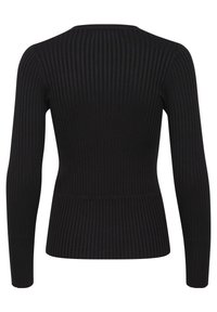 Pull noir à manches longues côtelé avec taille ajustée et encolure ronde, vu de dos.