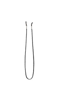 Cordón negro trenzado con dos clips metálicos plateados en cada extremo, diseñado para sujetar objetos de manera segura.