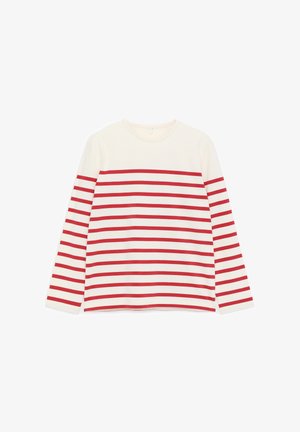 Camicia bianca a maniche lunghe con strisce rosse orizzontali su corpo e maniche, caratterizzata da uno scollo rotondo.