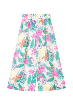 Pantaloni a gamba larga con vita elasticizzata, caratterizzati da una stampa floreale tropicale colorata in rosa, verde, arancione, viola e giallo su tessuto bianco.