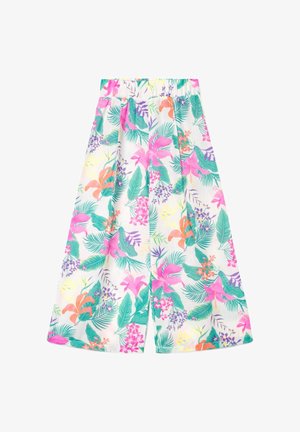 Pantaloni a gamba larga con vita elasticizzata, caratterizzati da una stampa floreale tropicale colorata in rosa, verde, arancione, viola e giallo su tessuto bianco.