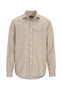 Camicia button-up a righe beige e bianche, realizzata in tessuto leggero. Presenta un colletto standard e maniche lunghe con polsini a bottone.