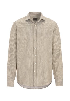 Button-up skjorte i beige og hvide striber, lavet af letvægtsstof. Har en standard krave og lange ærmer med knappede manchetter.