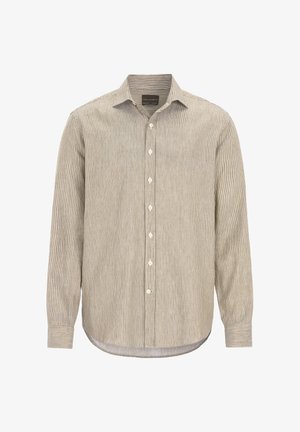 Button-up skjorte i beige og hvide striber, lavet af letvægtsstof. Har en standard krave og lange ærmer med knappede manchetter.