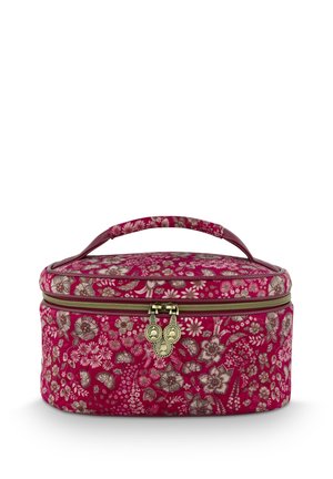 Red floral fabric storage bag with a gold zipper, round shape, top handle, and intricate flower patterns. Soft texture, compact design.