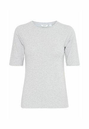 Tricou gri, cu mânecă scurtă, realizat dintr-un material moale, cu guler rotund. Textură fină, fără modele și un design simplu.