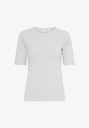 Tricou gri, cu mânecă scurtă, realizat dintr-un material moale, cu guler rotund. Textură fină, fără modele și un design simplu.