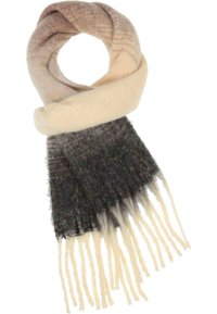 Écharpe texturée avec un dégradé allant d'un beige clair à un gris foncé, avec des bords frangés et un mélange de matériaux doux pour la chaleur.