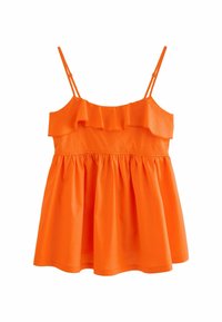 Oranje mouwloos topje met ruches bij de hals, gather bij de taille en geplooide rok. Gemaakt van lichte stof met verstelbare bandjes.