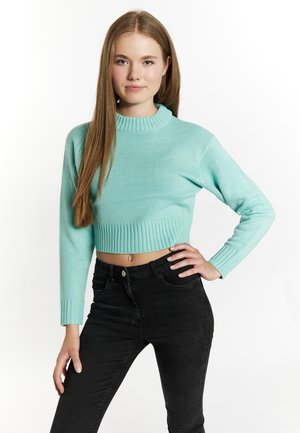 Pulover scurt de culoare verde mentă, cu guler și tiv zimțat, asortat cu blugi negri ajustați. Textură moale din tricot, cu mâneci lungi.