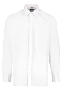 Witte lange mouwen shirt met een klassieke kraag, knoopsluiting aan de voorkant en barrel cuffs; gemaakt van een soepele, lichtgewicht stof.