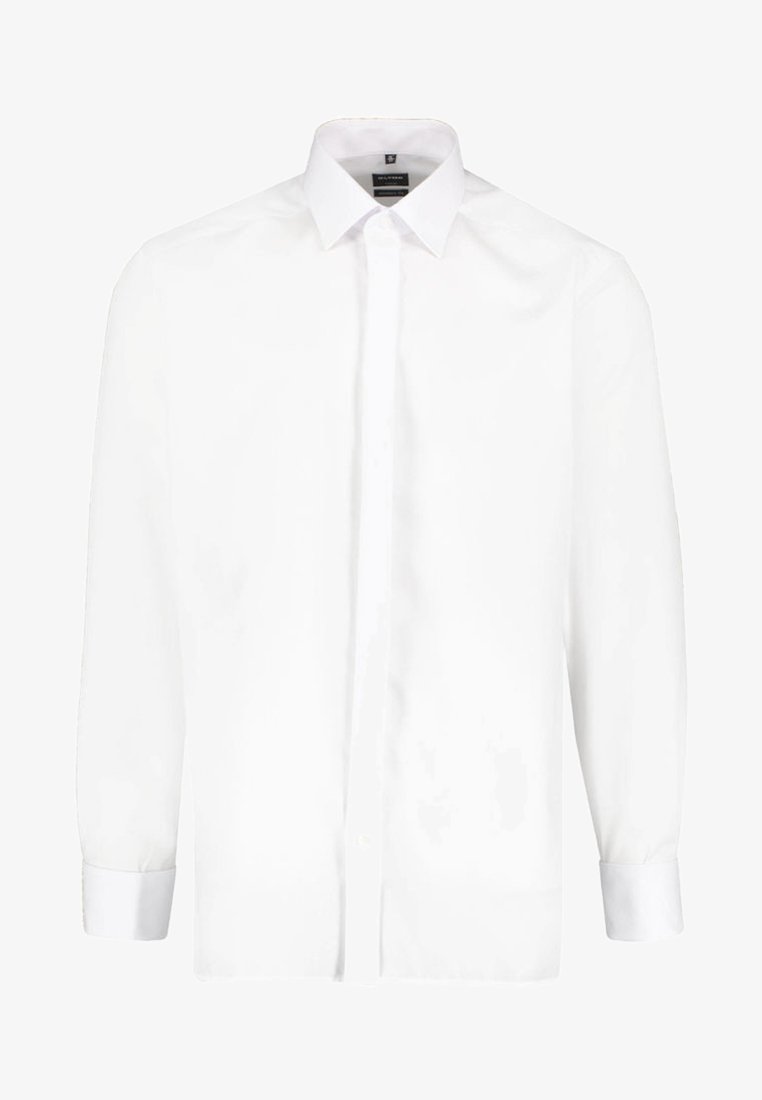 Witte lange mouwen shirt met een klassieke kraag, knoopsluiting aan de voorkant en barrel cuffs; gemaakt van een soepele, lichtgewicht stof.